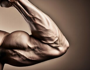 close up of a muscular arm flexing with veins visible and clenched fist showcasing strength and definition in a sepia tone