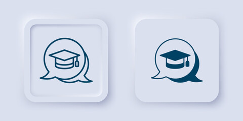 Filled and outline Graduation cap in speech bubble icon isolated on grey background. Graduation hat with tassel icon. Square button. Vector