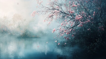Misty Lake with Pink Blossoms at Dawn