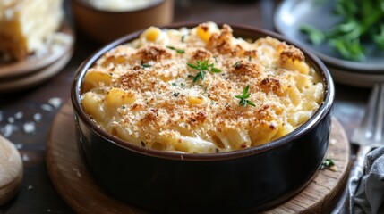 Gourmet macaroni and cheese with herbs and breadcrumbs for comfort food and culinary inspiration