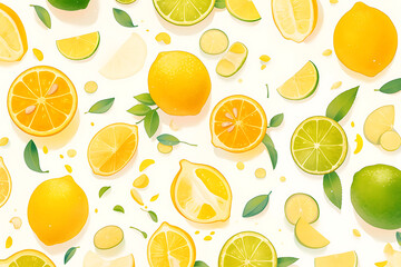 Colorful arrangement of various citrus fruits including lemons, limes, and oranges on a white background