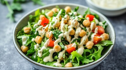 Fresh chickpea salad with green vegetables and creamy dressing for healthy living