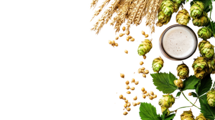 Fresh ingredients for brewing beer including hops, barley, and a glass of frothy beer isolated on a white background.