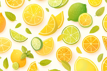 Vibrant assortment of citrus fruits including lemons, limes, and oranges scattered on a light background