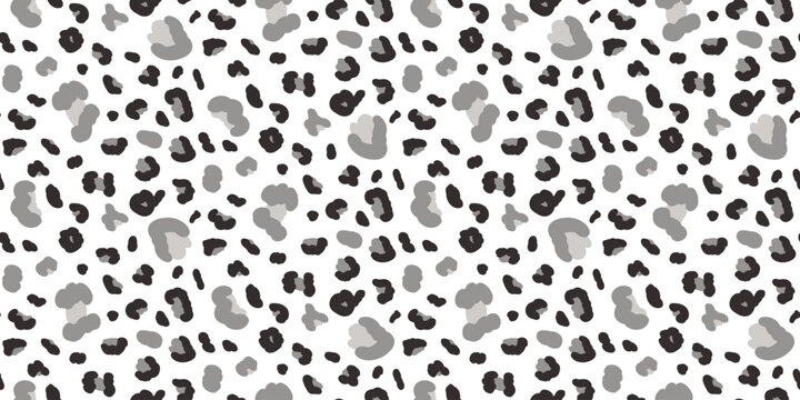 Abstract animalistic monochrome seamless pattern. Leopard print endless background. Cheetah or panther skin texture repeat cover. Vector hand drawn black and white allover illustration.