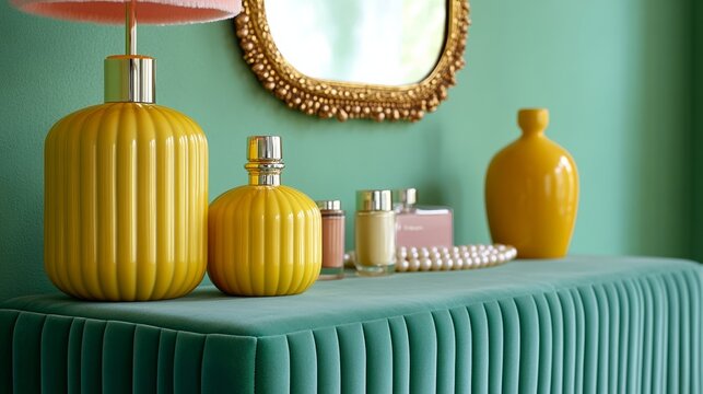 A glamorous vanity with antique perfume bottles a gilded mirror pearl necklaces and a velvet stool rare Vintage maximalism beauty corner 