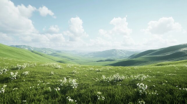 A peaceful landscape of rolling green grass fields under a clear sky, with subtle clouds adding depth and open areas for overlays --ar 16:9 --v 6.1 Job ID: b5fefc39-251e-4a1a-bbee-94854e51488b