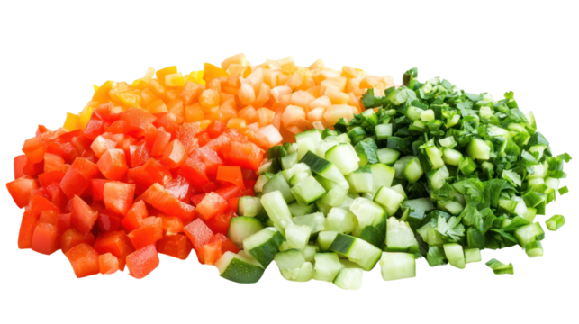 Freshly diced vegetables including green onion, bell pepper, and cucumber on a white background for use in healthy cooking.