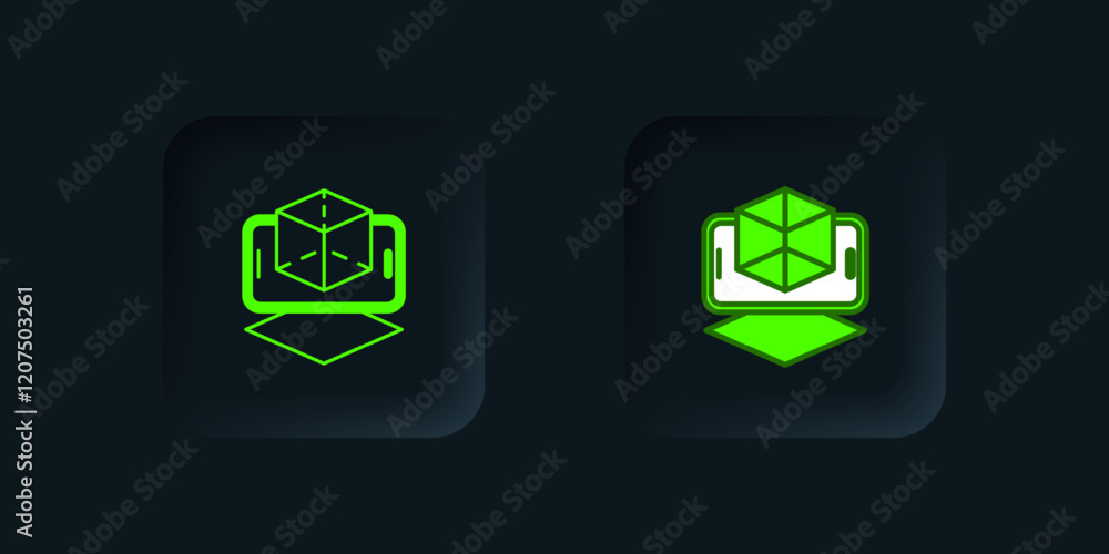 Poster green 3d modeling icon isolated on black background. augmented reality or virtual reality. black squ