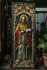 Fototapeta premium St Joseph's Venezuela Intricate stained glass art featuring religious figure in rectangular design