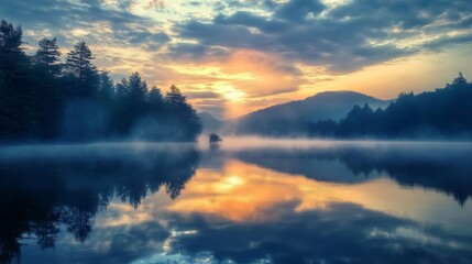 Obraz premium Serene Sunrise over Misty Lake with Mountain Reflections