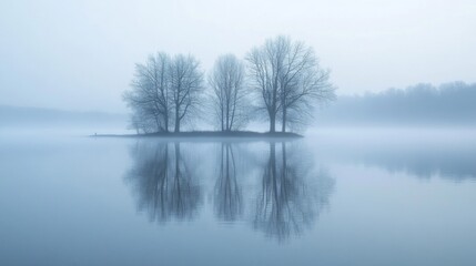 Fototapeta premium Serene Lake Landscape with Fog and Trees