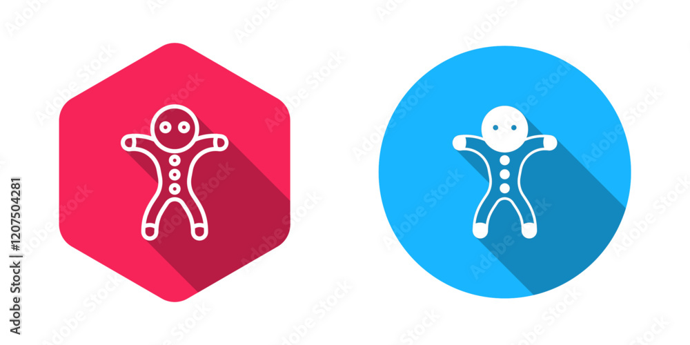 Poster filled and outline holiday gingerbread man cookie icon isolated with long shadow background. cookie 