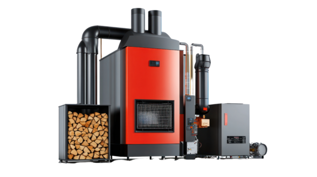 High-efficiency wood heating system featuring a modern design with an integrated wood storage.