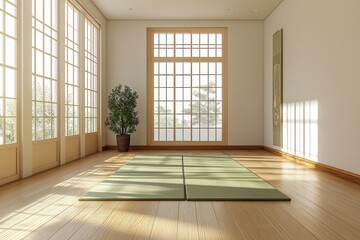 Bright and serene yoga room with large windows allowing natural light in a minimalist design space for relaxation and meditation.