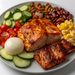 Glazed salmon bowl, salad, beans, corn, egg, healthy meal prep