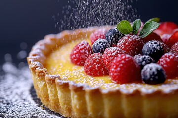 Fruit tart being powdered with sugar, close up view, gourmet dessert, Generated AI