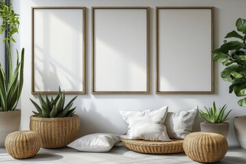 Three empty vertical frames hanging on white wall in modern living room with wicker furniture and plants