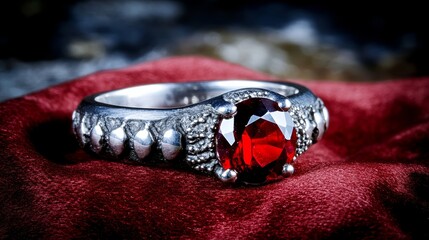 A radiant antique ruby ring photographed on a rich burgundy fabric background with subtle light accentuating its intricate design rare vintage luxury 