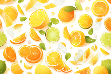 Vibrant arrangement of assorted citrus fruits with splashes and leaves on a bright background