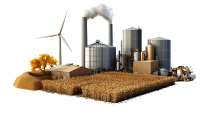Industrial landscape featuring silos, wind turbines, and agricultural elements against a white isolated background.