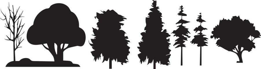 A set of tree silhouettes for flat design. Hand drawn vector illustration
