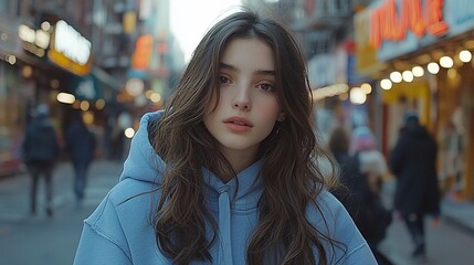 Obraz premium Young woman in blue hoodie on city street.