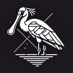 A minimalistic black and white illustration of a roseate spoonbill