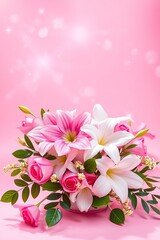 Pink and white lilies and roses bouquet.