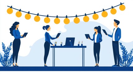 Four professionals engaged in a modern workspace, using digital devices, under decorative lights, highlighting collaboration and creativity.