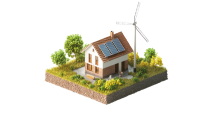 Model of a sustainable house with solar panels and wind turbine on a green base, showcasing eco-friendly living.