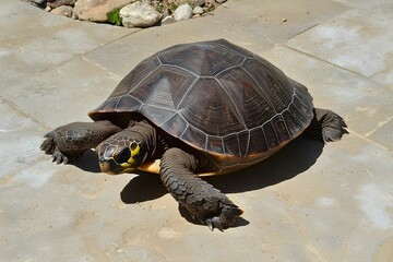 Turtle crawls slowly across the floor indoors