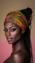 Naklejka premium Beautiful Black Woman in Colorful African Turban Headshot Portrait