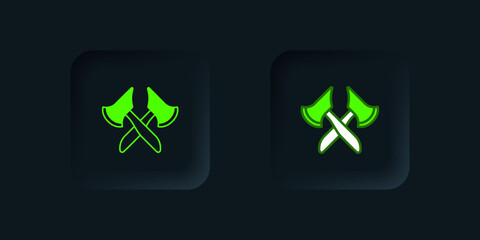 Obraz premium Green Wooden axe icon isolated on black background. Lumberjack axe. Black square button. Vector
