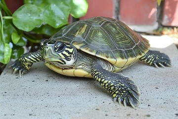 Turtle crawling across a surface near plants