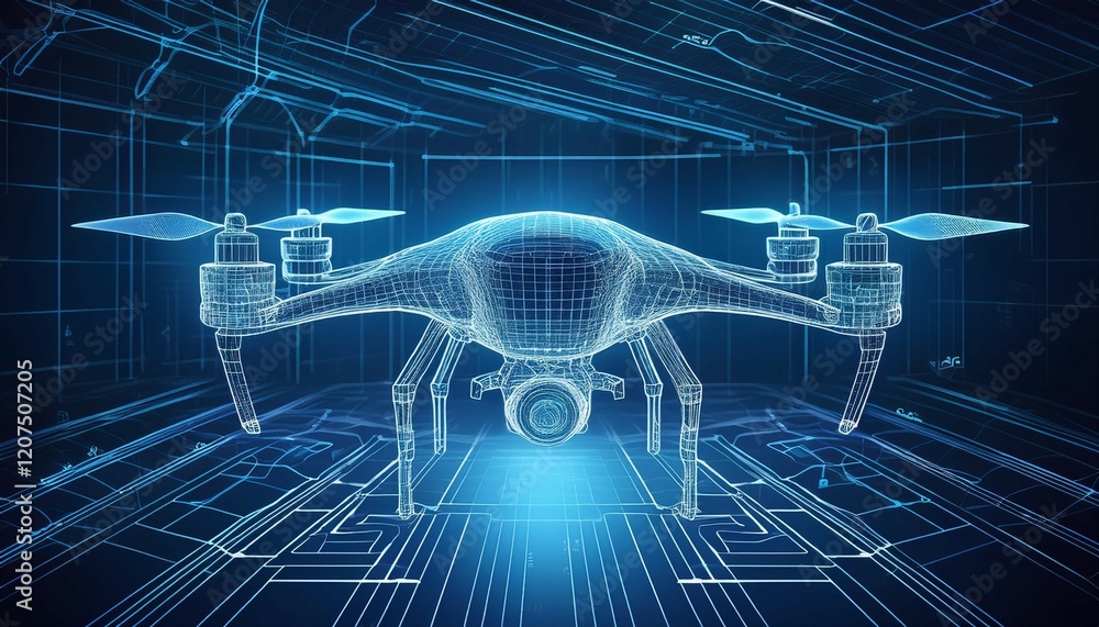 Poster wireframe drone design blueprint on digital screen