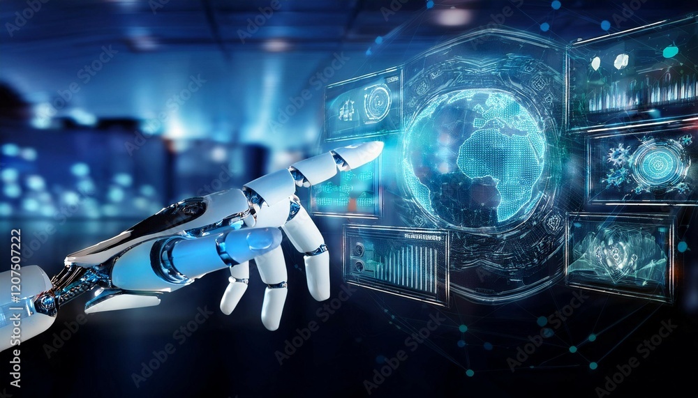 Poster ai robotic hand with interactive digital data screens