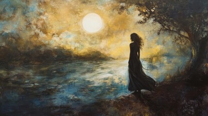 Solitary Woman Silhouetted Against a Golden Moonlit Lake