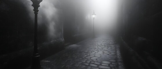 Foggy cobblestone lane at night.
