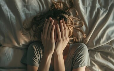 Ethical living burnout, depression concept. Desperate woman covering eyes with hands lying on bed suffering from fatigue, overwhelm, stress, anxiety, pressure, guilt, overcommitment, responsibility.