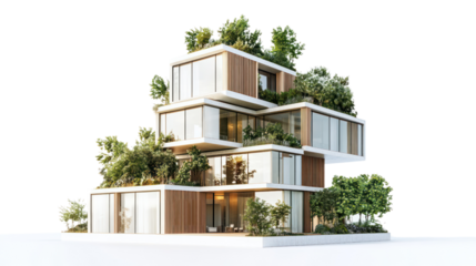 Modern sustainable building design featuring multiple green terraces and large glass facades surrounded by lush plants.
