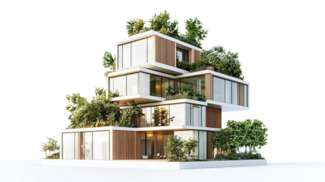 Modern sustainable building design featuring multiple green terraces and large glass facades surrounded by lush plants.