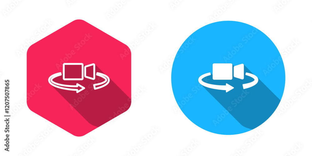 Poster filled and outline 360 degree view icon isolated with long shadow background. virtual reality. angle