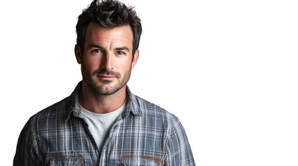 Obraz premium Portrait of a confident man in casual attire, smiling softly against a white isolated background.