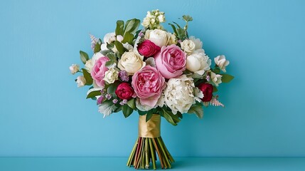 Bridal bouquet of soft pink roses white peonies and trailing greenery tied with gold ribbon exuding Rococo elegance 