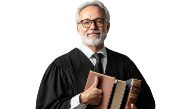Portrait of a confident senior judge holding books and giving a thumbs up, wearing a traditional black robe and glasses, isolated on white background. - Powered by Adobe