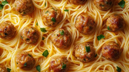 A Delicious Plate of Spaghetti and Meatballs Garnished with Fresh Herbs on a Rustic Wooden Table