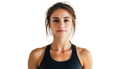 Portrait of a confident young woman in athletic wear, looking directly at the camera with a determined expression.