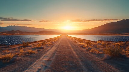 Fototapeta premium Expansive Roadway Adorned with Rows of Solar Panels Emphasizing Sustainable Energy and Innovation