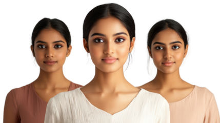 Portrait of a confident young woman. Three variations of her expression are displayed, emphasizing individuality and charm.